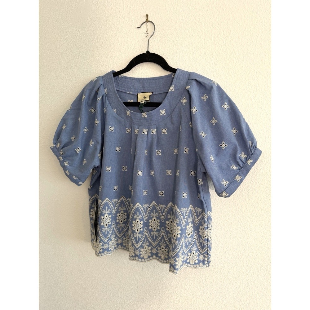 Tuckernuck Chambray Embroidered Top NWT Sz M Puff Sleeve Preppy Modest Cottage - Picture 6 of 11